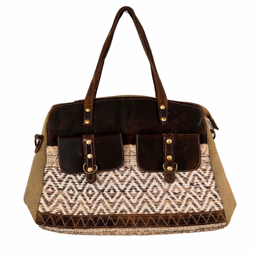 Myra Bag Boho Canvas & Leather Tote | Tribal Pattern | Brown Leather | Large